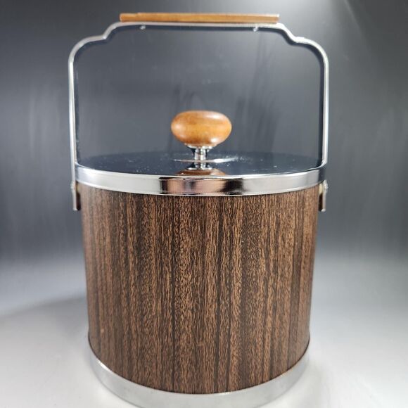 Atapco Chrome Wood Ice Bucket Vintage MCM w Lid Plastic Liner Tongs VTG Barware - Picture 3 of 13